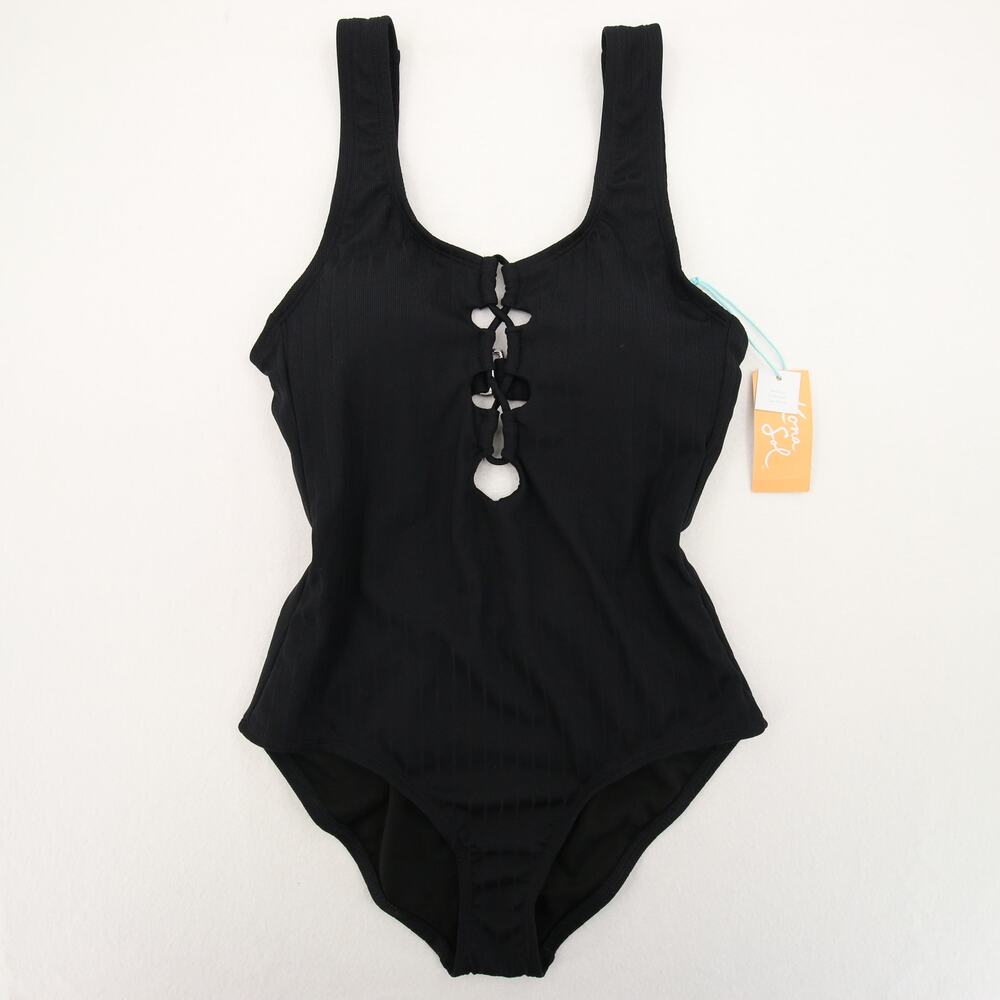 Kona Sol One Piece Swimsuit Black Ribbed Scoop Neckline Lace Up Padded Size XS